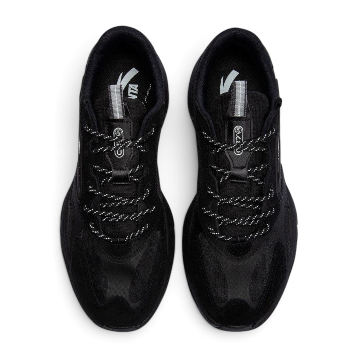 FRG Anta C37 chunky black casual sneakers with breathable mesh upper and patterned laces, top-down view.
