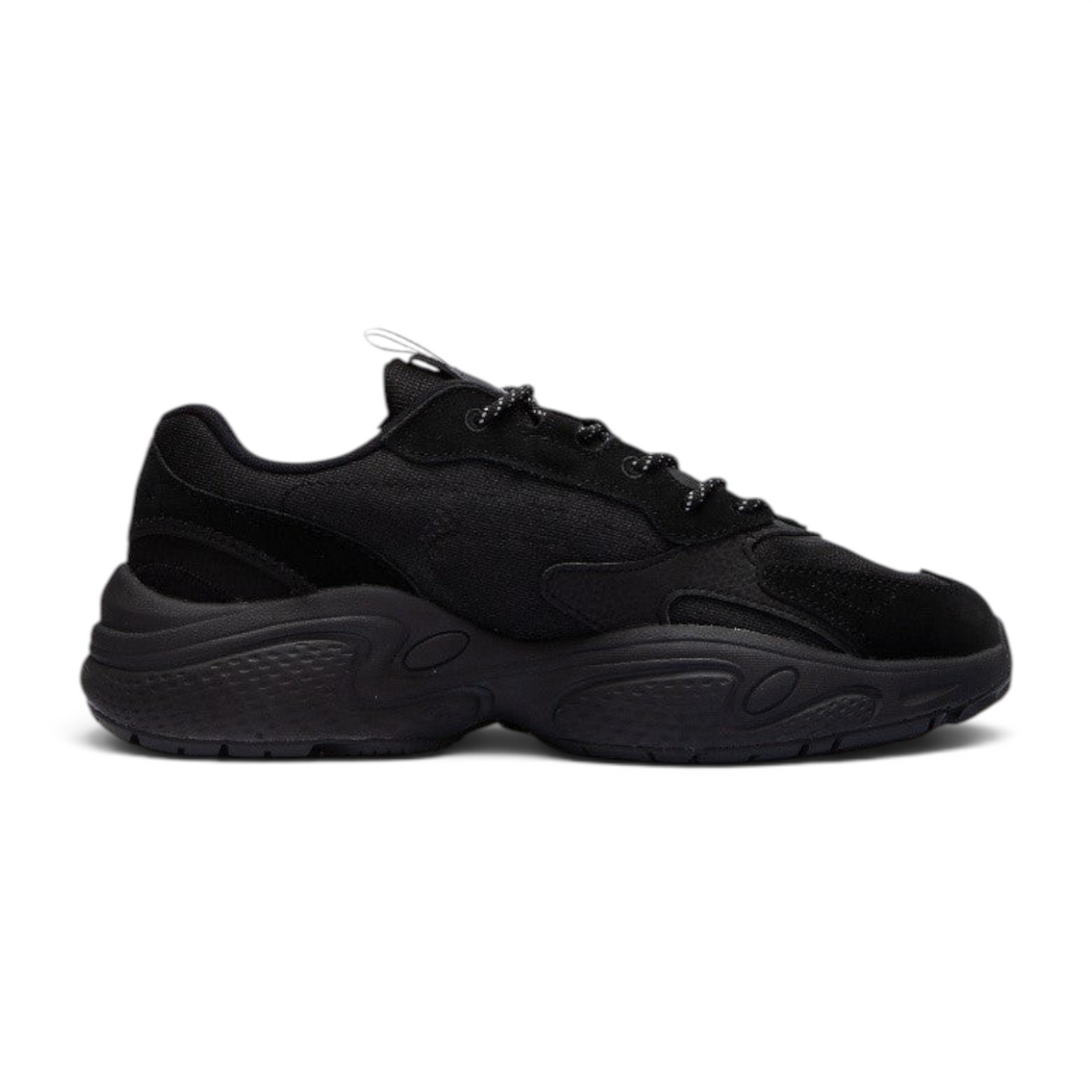 FRG Anta C37 chunky casual sneakers in all black with a breathable upper and cushioned sole, side view.