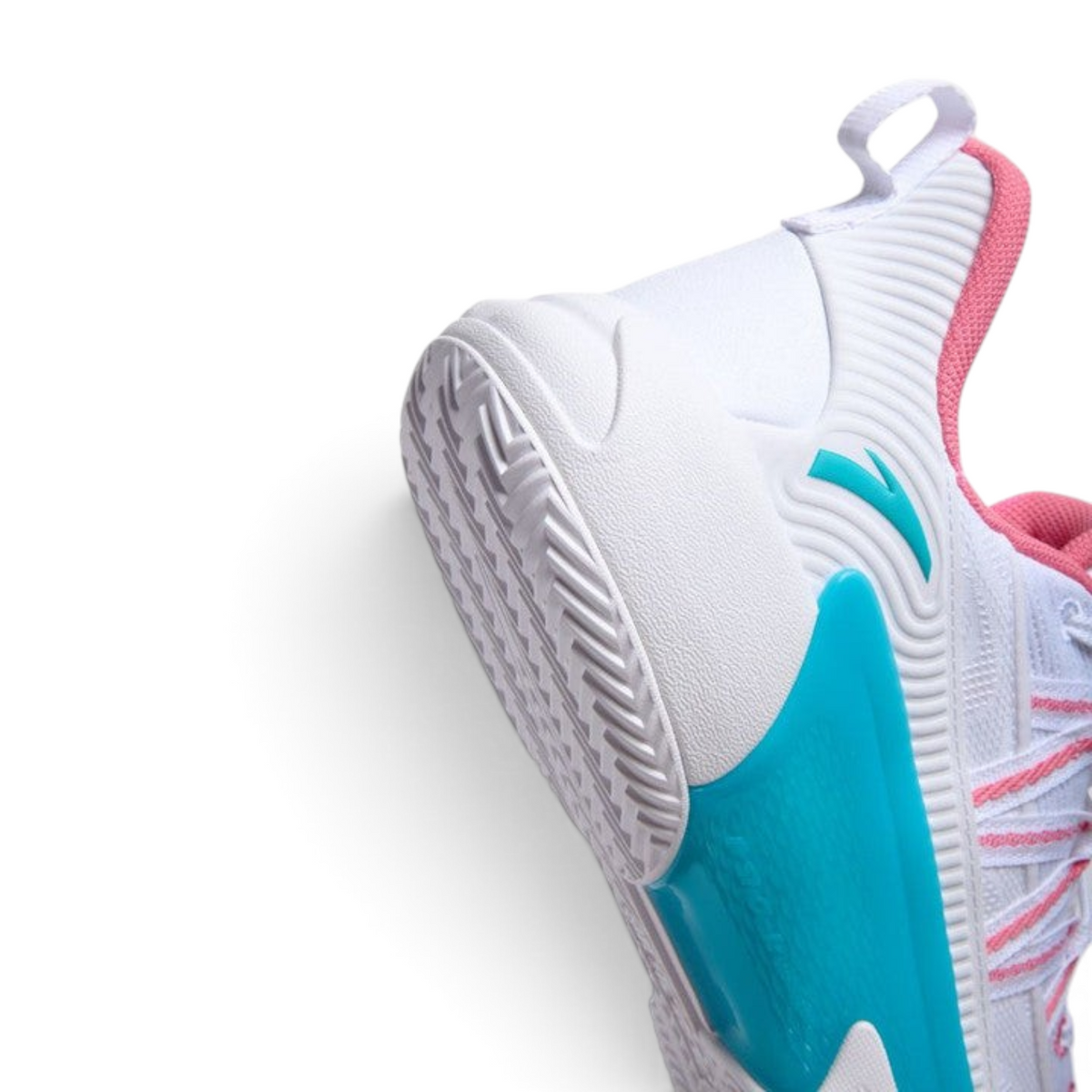 FRG ANTA Attack Pro basketball shoe in white with pink accents and a teal heel support detail