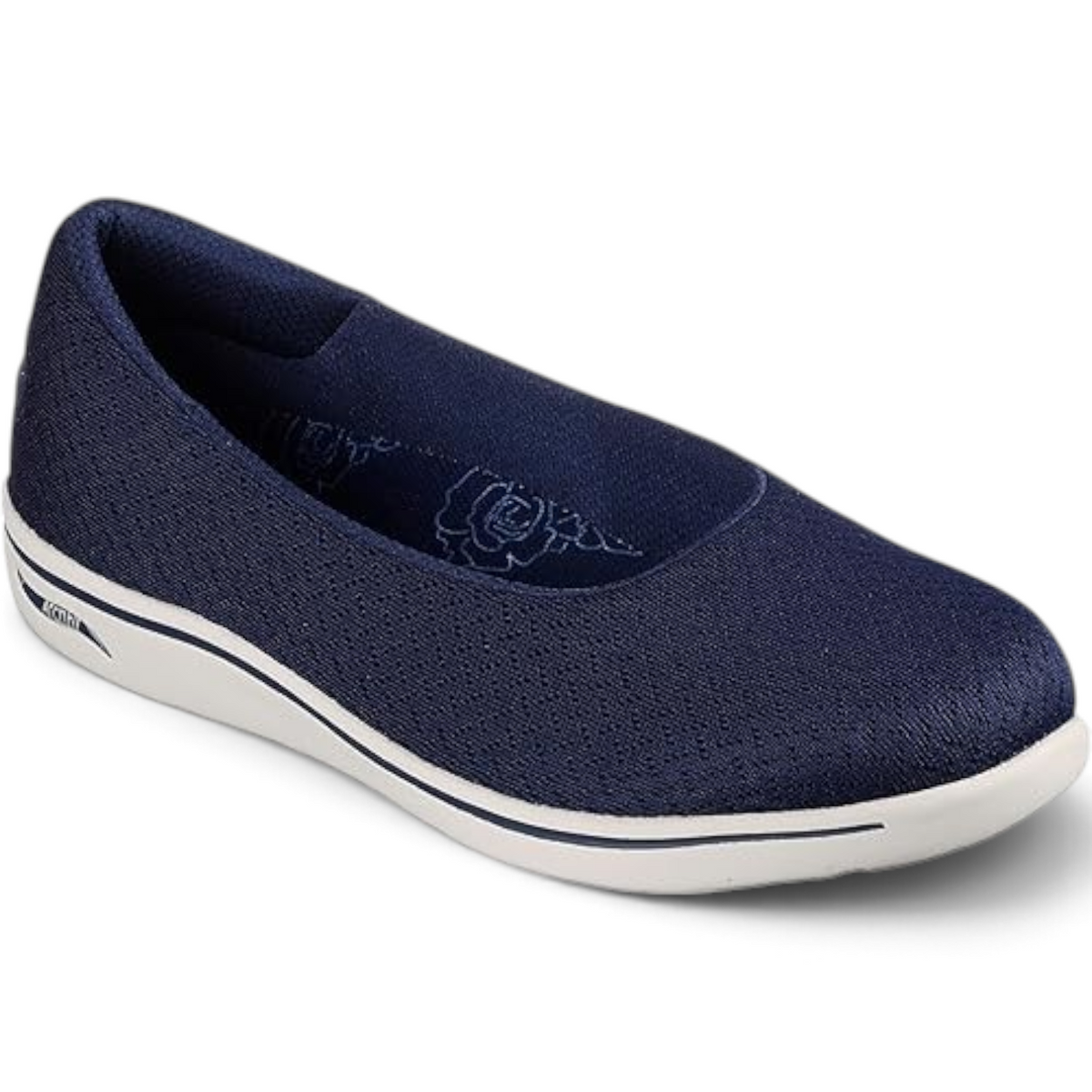 FRG Skechers Arch Fit Uplift navy blue casual skimmer flat with breathable mesh upper and supportive white sole