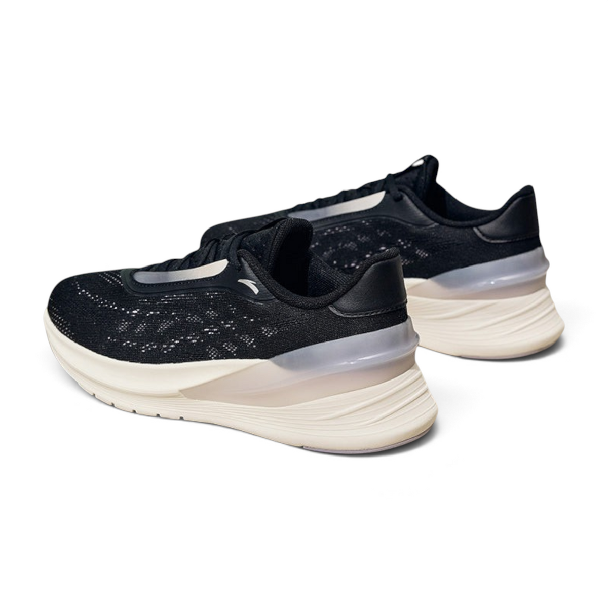 FRG black running shoes with breathable mesh upper, white cushioned midsole, and translucent heel support