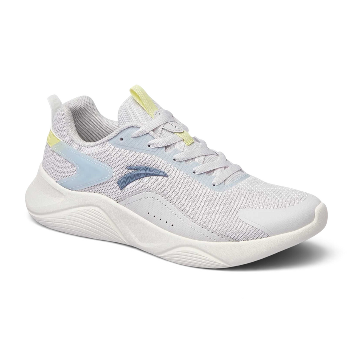 FRG women's lifestyle running shoes in light grey mesh with pastel blue and yellow accents and a thick white sole