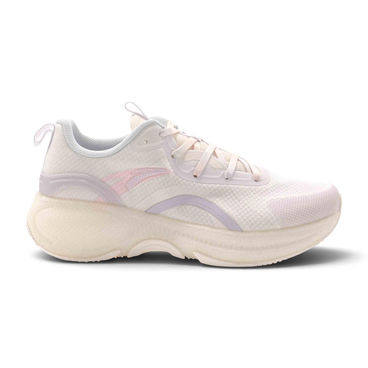 FRG running shoes in off-white and pale pink with a thick cushioned sole and breathable mesh upper