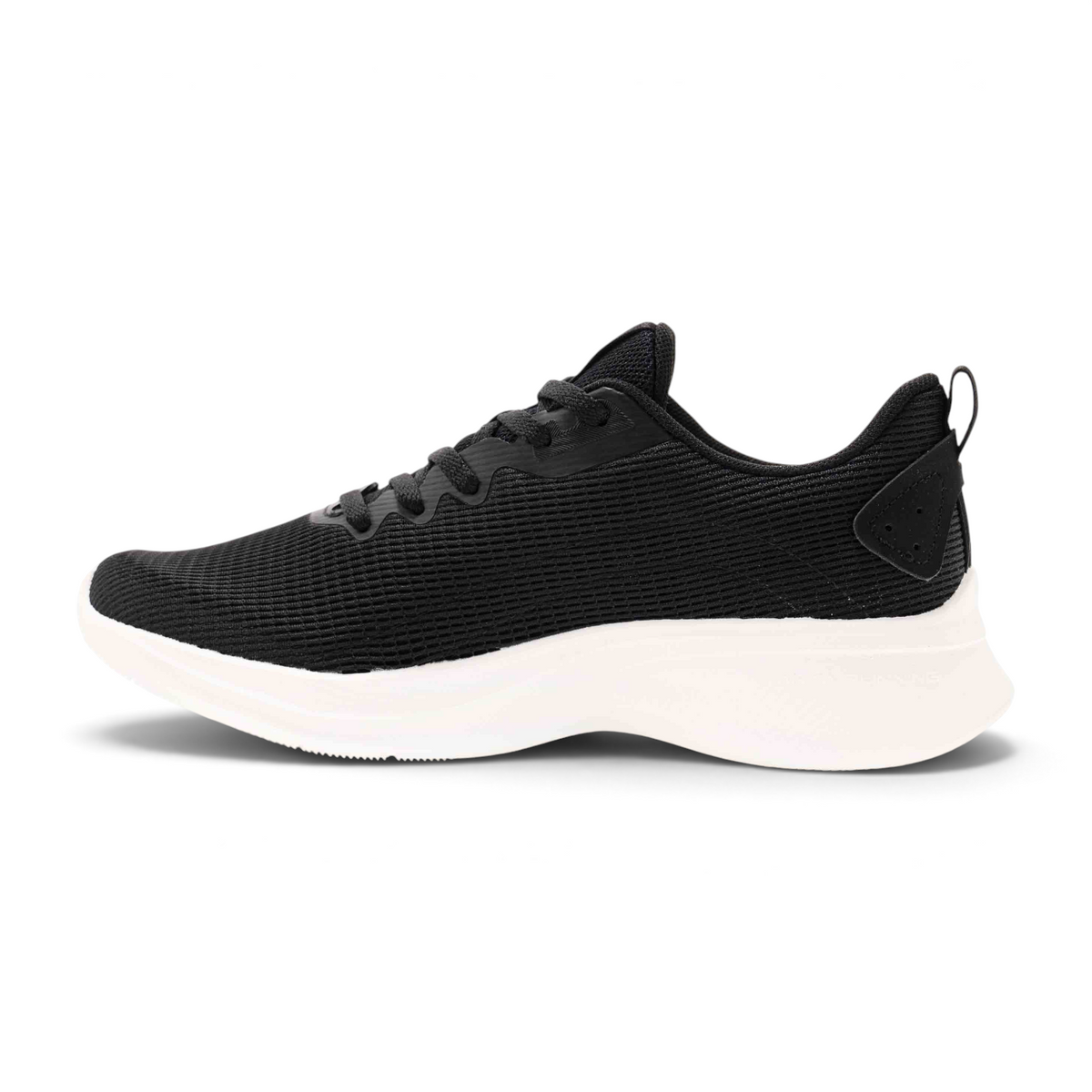 FRG black running shoes with a breathable mesh upper and a thick white cushioned sole, side view.