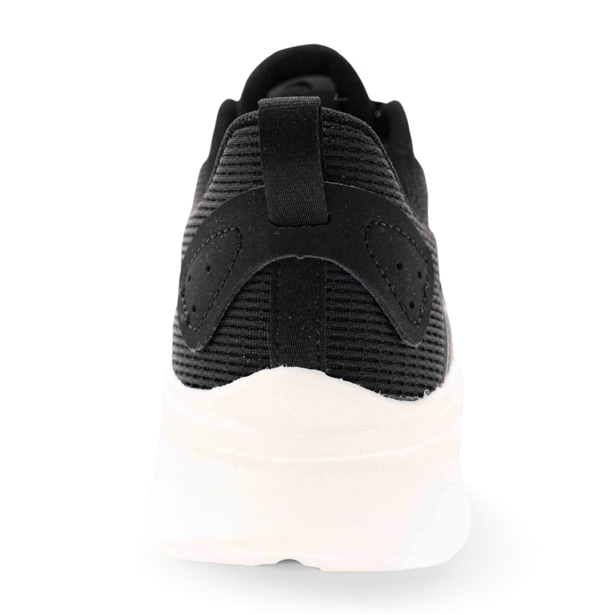 Back view of FRG black running shoes with a white cushioned sole and textured fabric upper