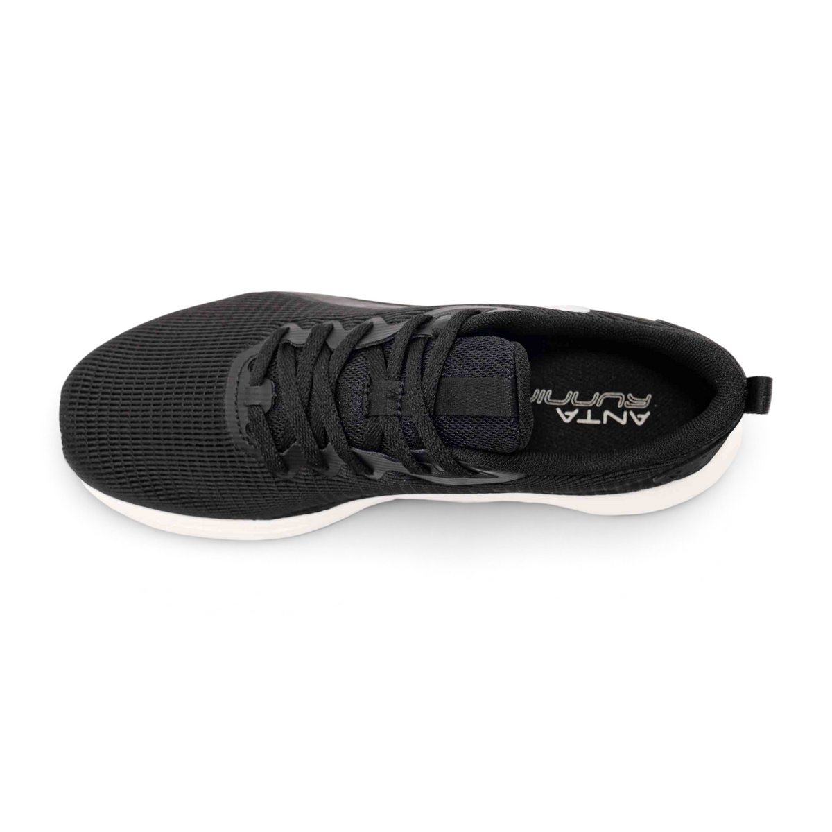 Top view of FRG black mesh running shoes with white soles and lace-up closure