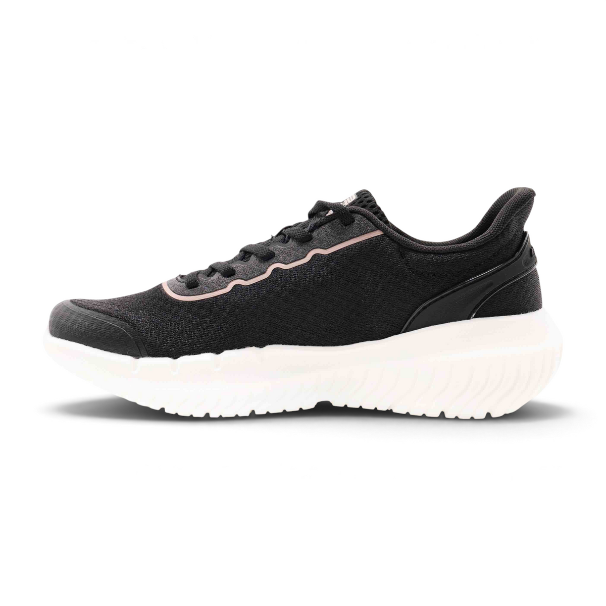 FRG women's cross-training shoes in black with a white chunky sole and subtle pink trim detail