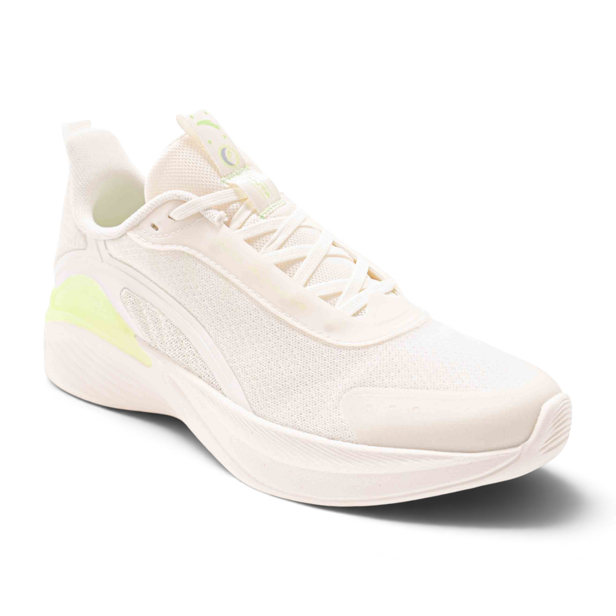 FRG women's running shoes in off-white mesh with neon yellow heel accents and white laces