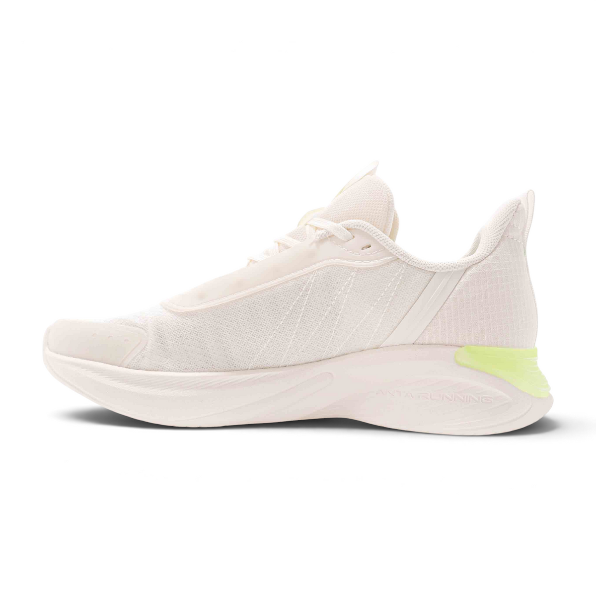 FRG women's running shoes in off-white mesh with a lime green heel accent and cushioned sole