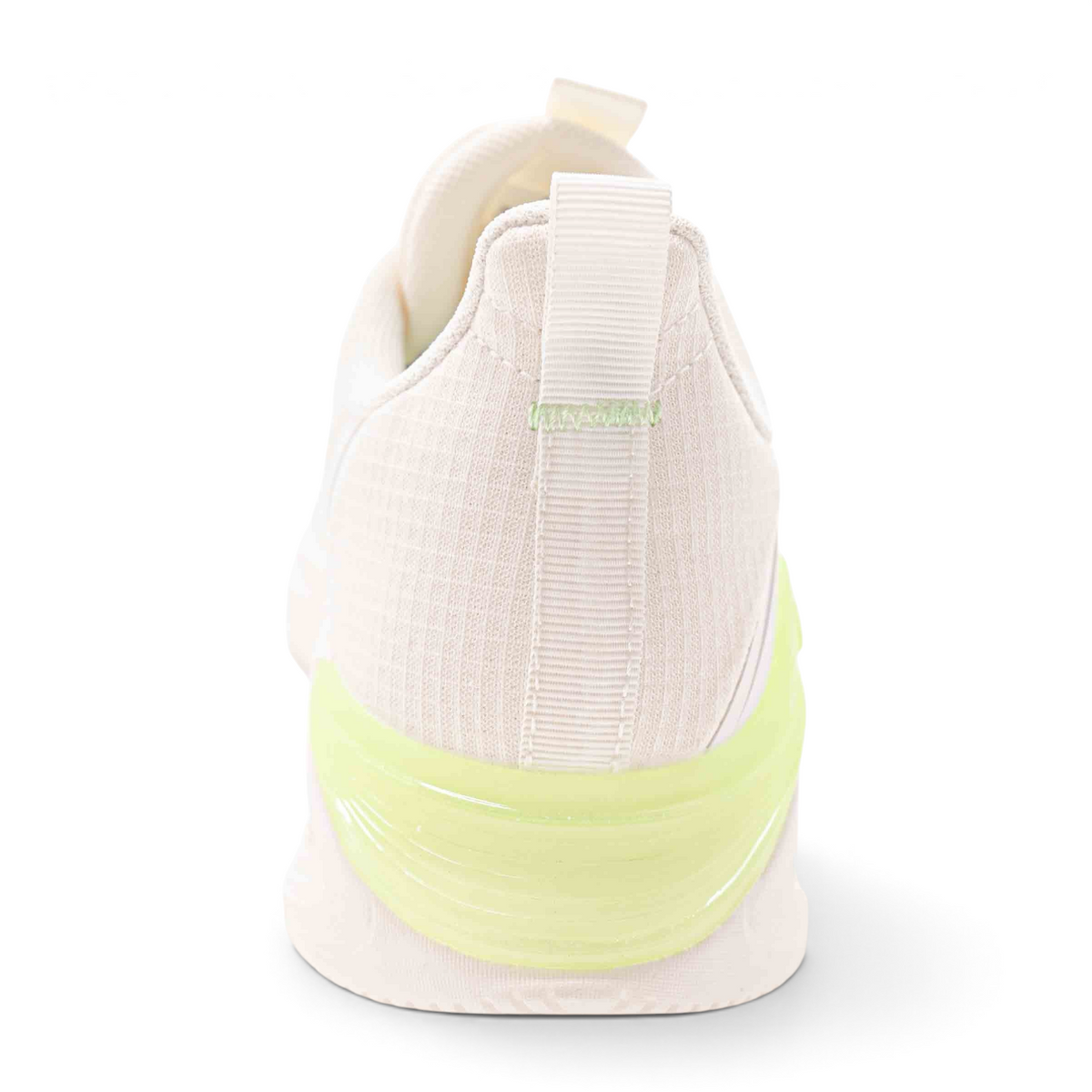 FRG women's running shoes in off-white mesh with a neon green heel stabilizer and pull tab, rear view.
