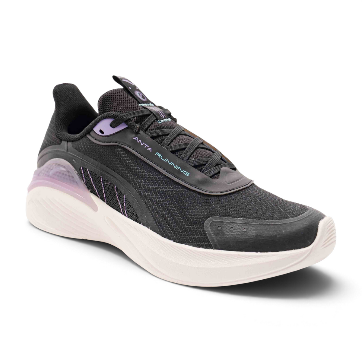 FRG black running shoes with breathable mesh upper, purple accents, and a thick white cushioned sole