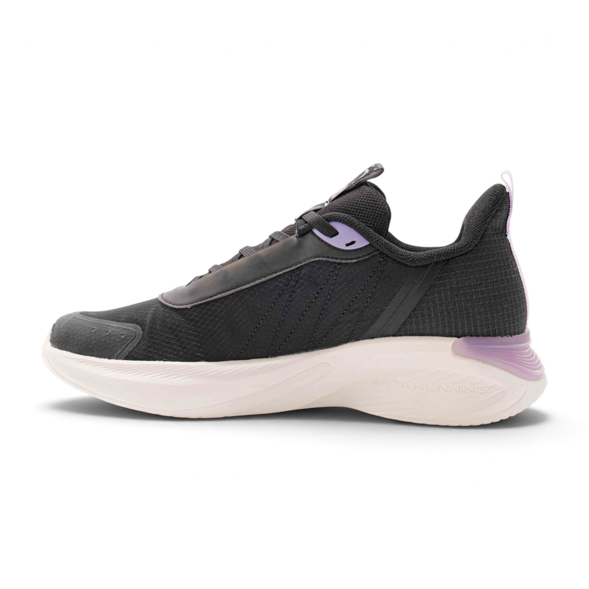 FRG running shoes in black mesh with a thick white cushioned sole and purple accent details on a white background