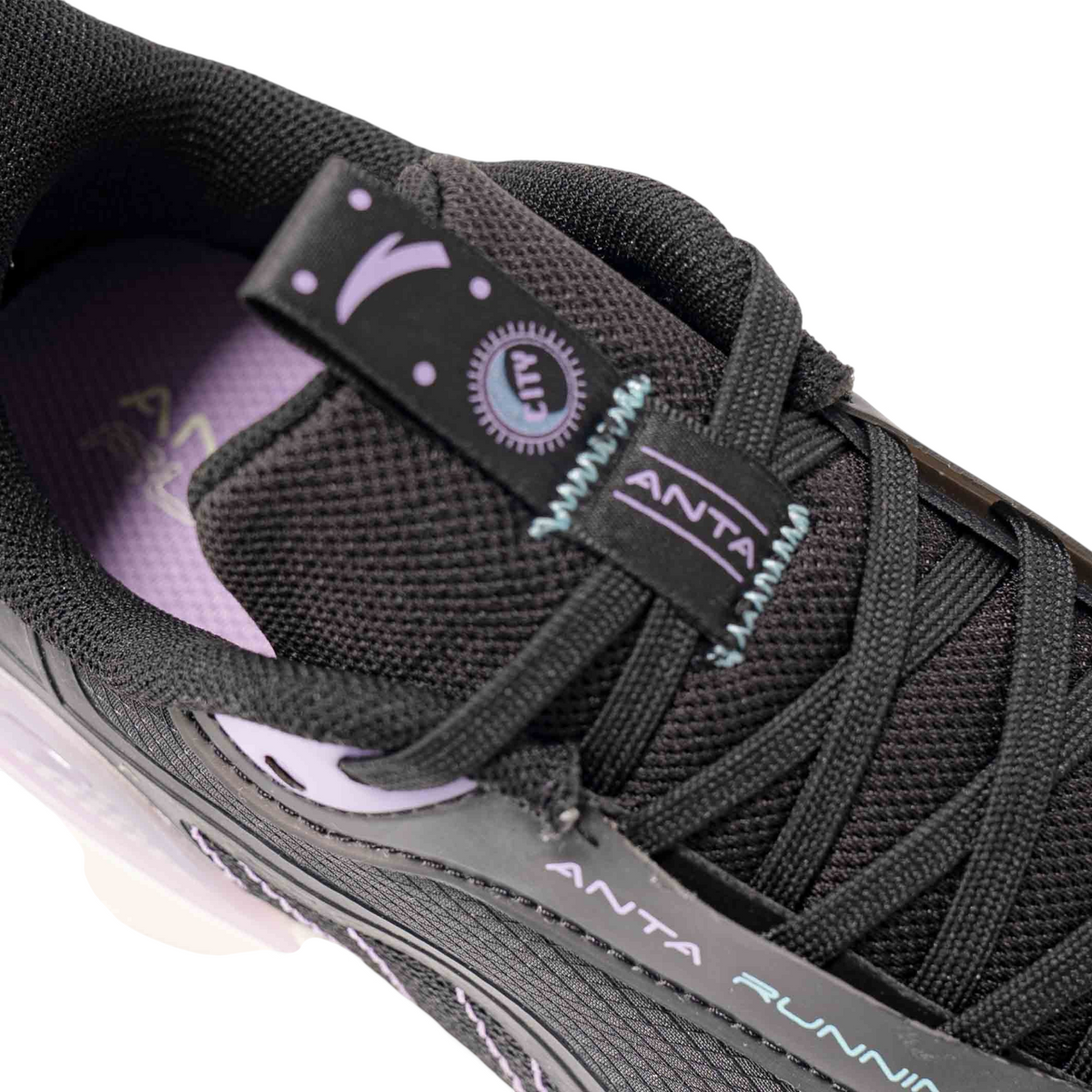 FRG black running shoes with purple accents, featuring breathable mesh upper and lace-up closure