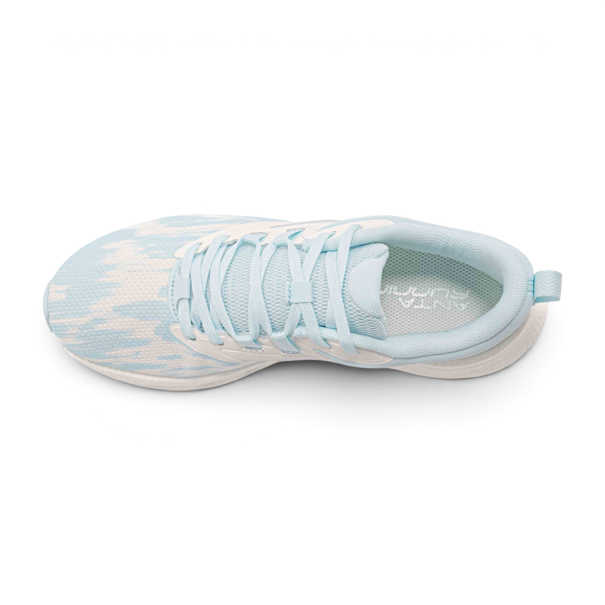 FRG running shoes in light blue and white with a breathable mesh upper and cushioned sole, top-down view.