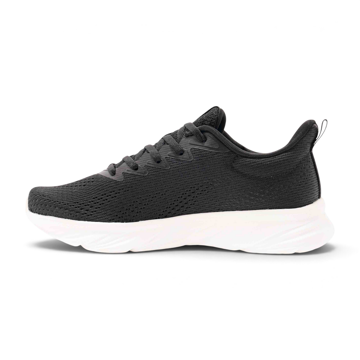 FRG women's black lightweight running shoes with a white cushioned sole and breathable mesh upper