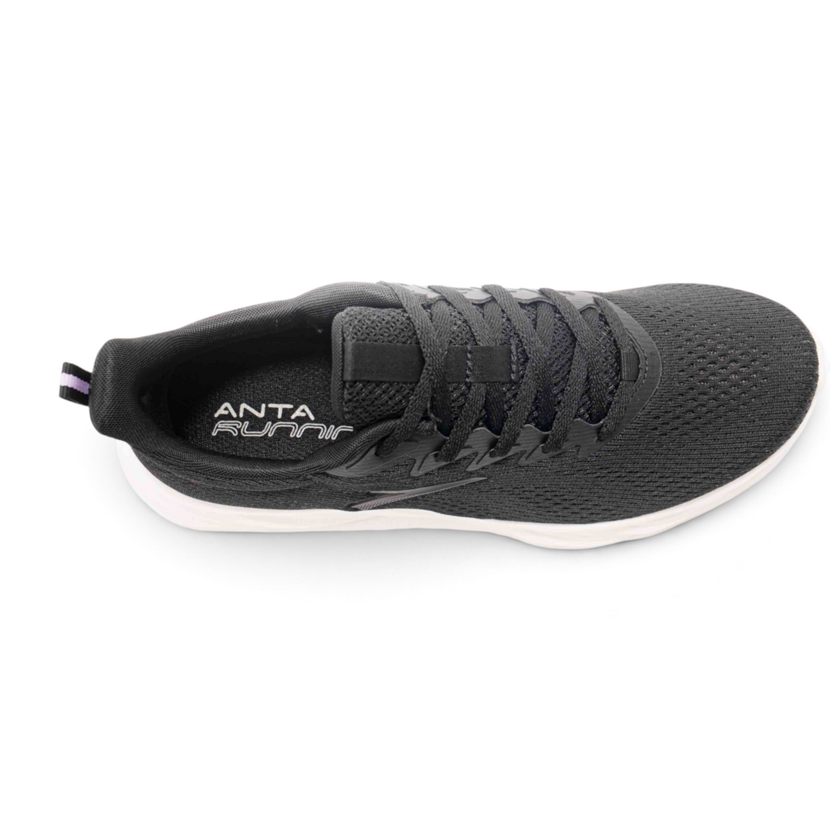 FRG women's black mesh running shoes with white soles and lace-up closure, top-down view