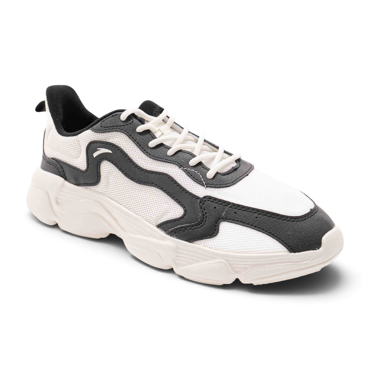 FRG women's casual lifestyle sneaker in white mesh with black wavy leather overlays and a chunky white sole.