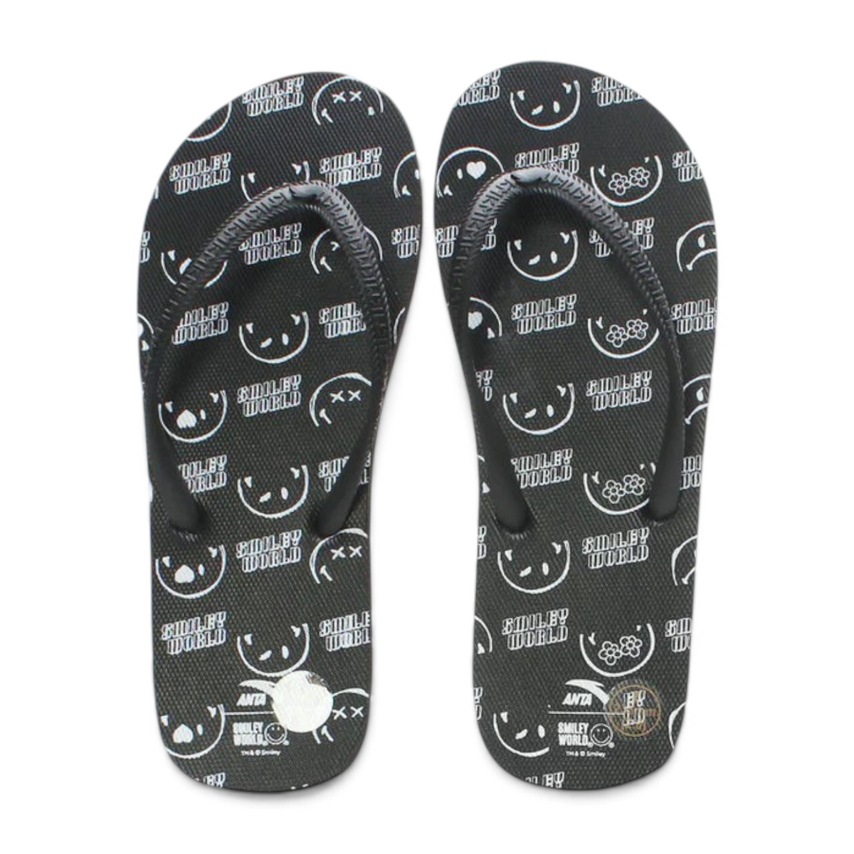 FRG black beach slippers featuring a white Smiley World graphic print pattern and black thong straps