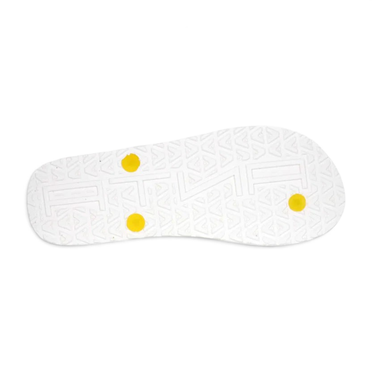 FRG white beach slippers featuring a textured sole with yellow circular accents and embossed brand logo pattern