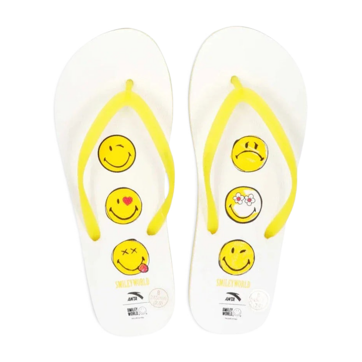 FRG white beach slippers with yellow straps and various SmileyWorld face prints on the footbed