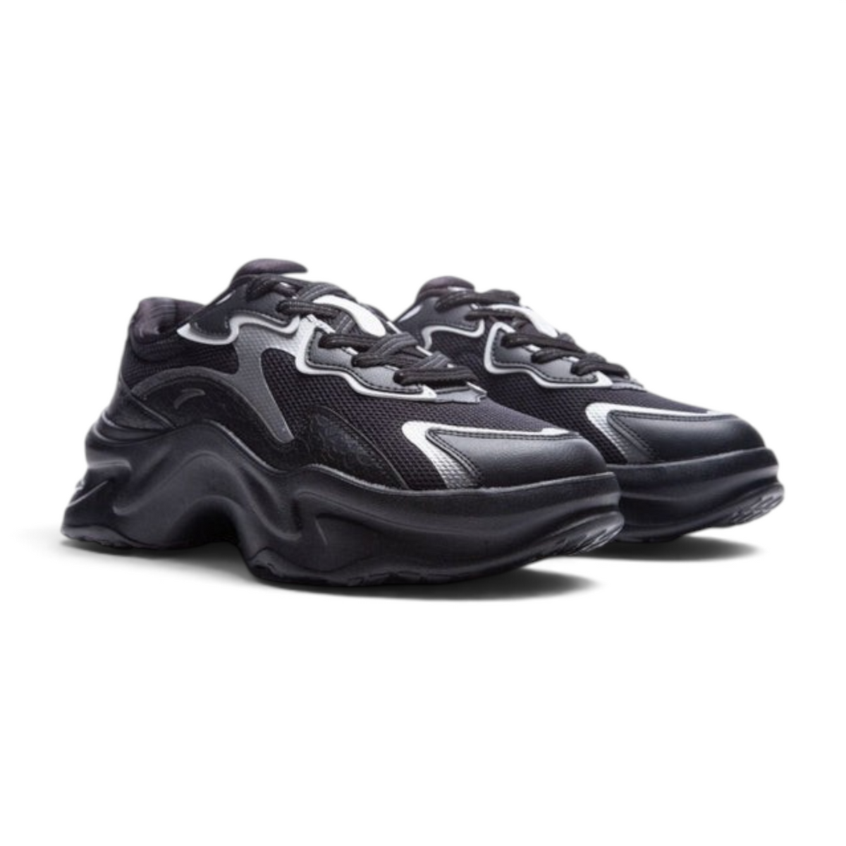 FRG ANTA Bunny women's casual sneakers in black and silver with breathable mesh and chunky cushioned midsole