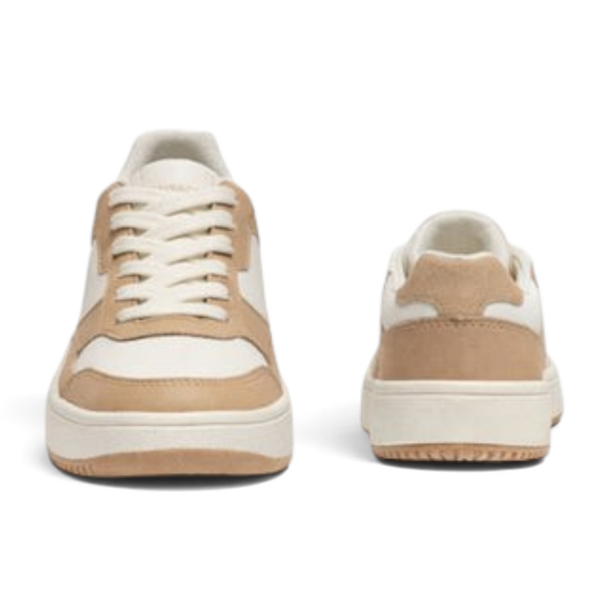 FRG ANTA X-GAME classic sneakers in light brown and beige synthetic leather and mesh, shown from front and back views.
