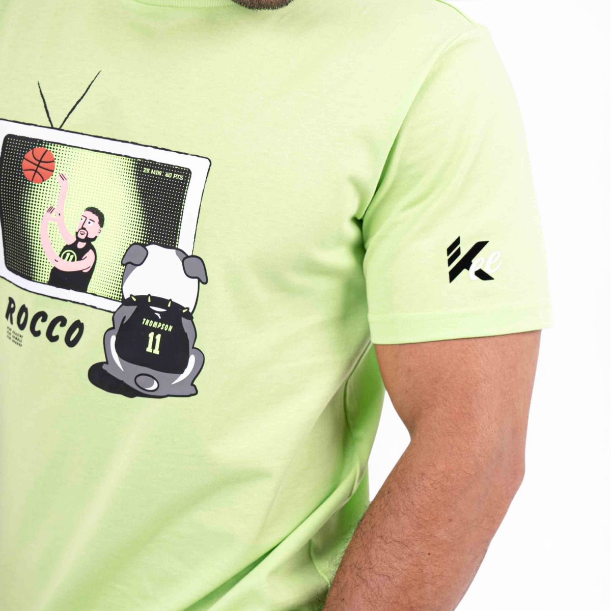 FRG lime green regular fit 100% cotton t-shirt featuring a basketball-themed graphic print and sleeve logo detail.