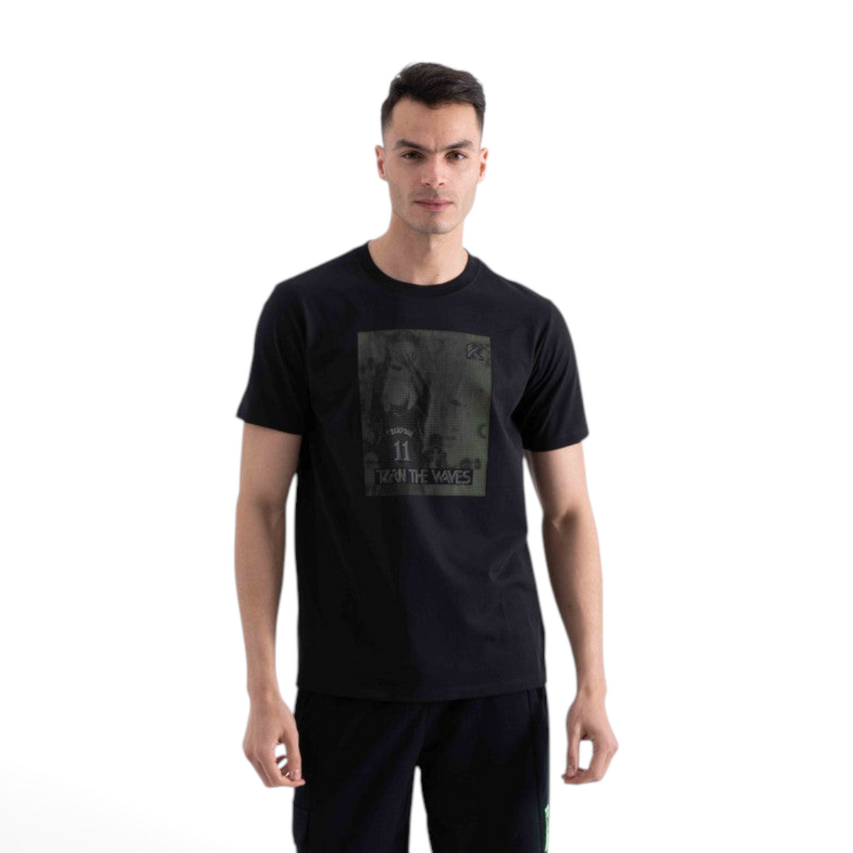 FRG black short sleeve t-shirt with a graphic print on the chest worn by a male model