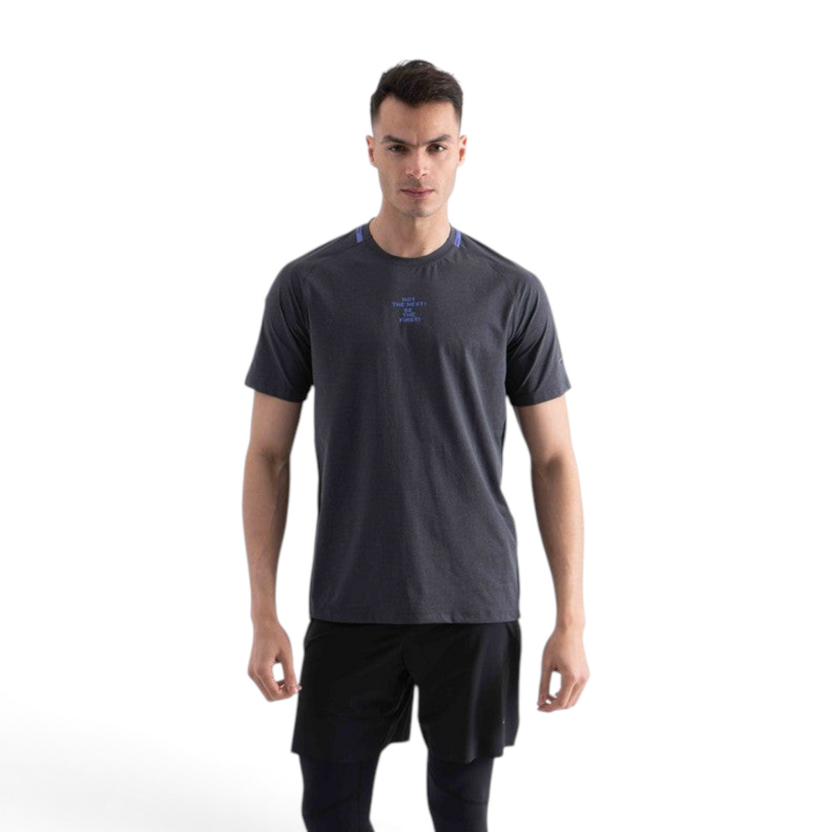 FRG SS TEE in charcoal grey with blue neck detail and small chest graphic worn by a male model