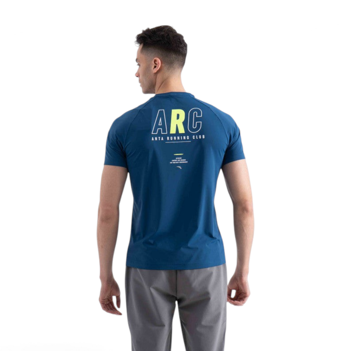 FRG blue short sleeve running t-shirt with ARC Anta Running Club graphic print on the back, worn by a male model
