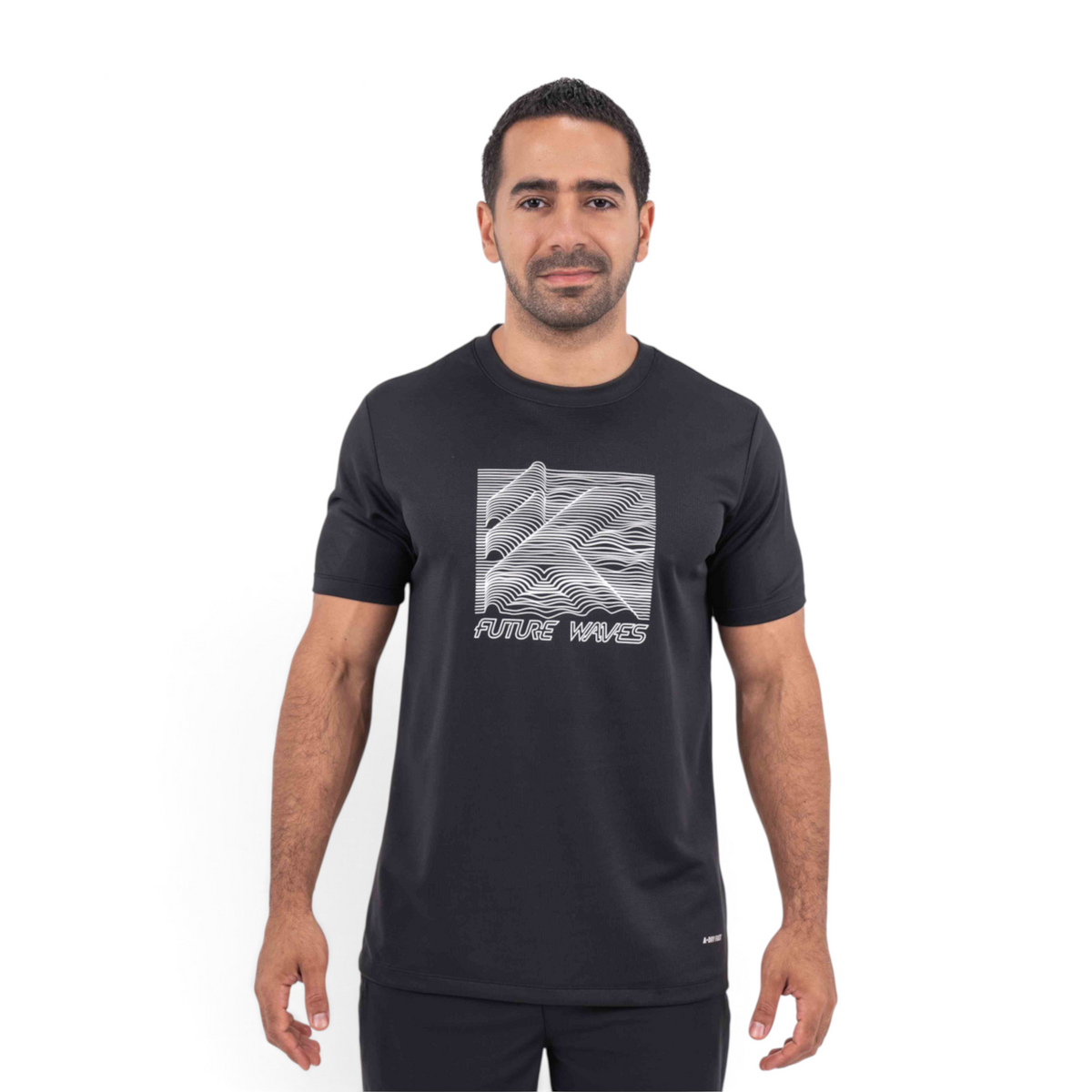 FRG black crew neck t-shirt with white Future Waves graphic print worn by a man against a white background