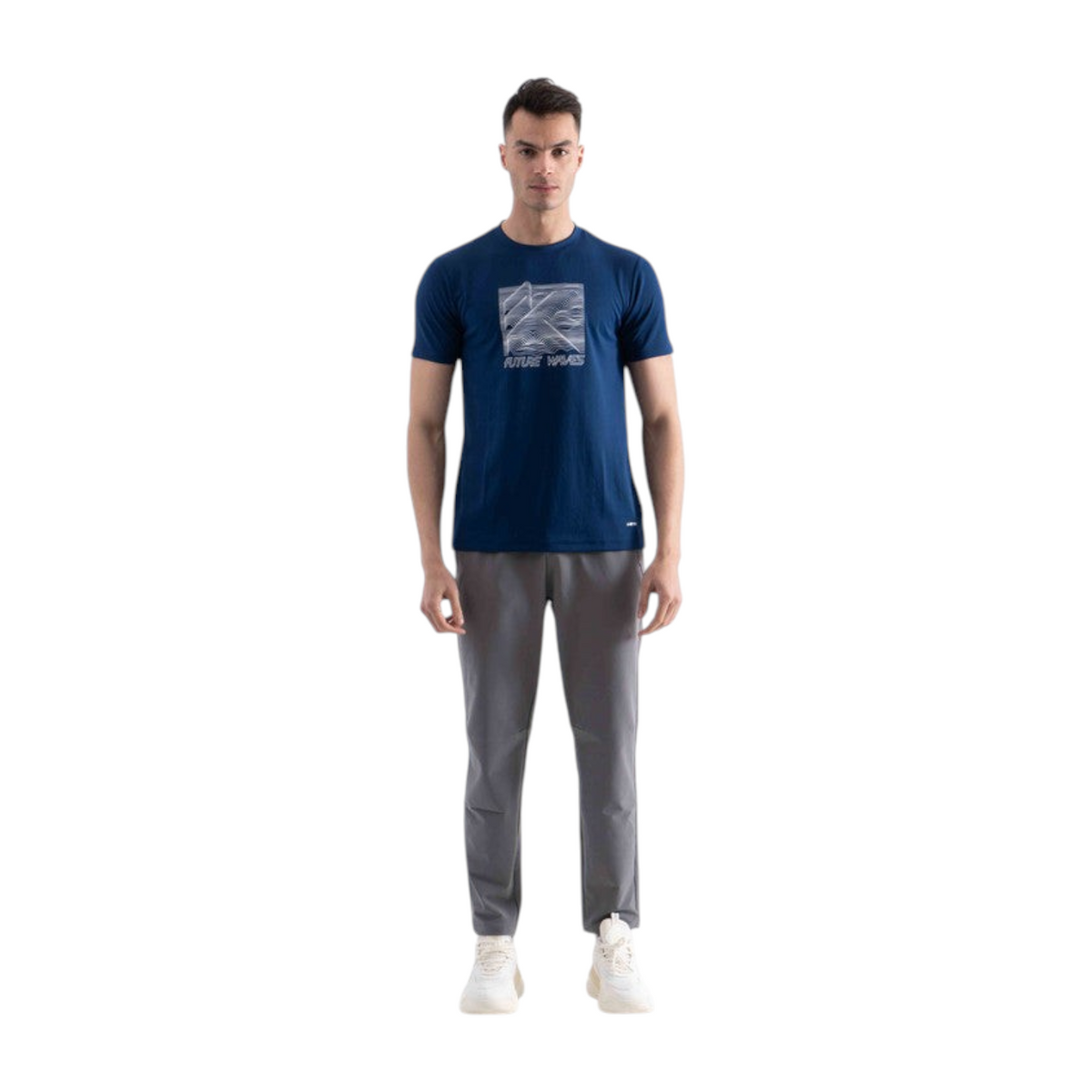 FRG regular fit blue polyester t-shirt with Future Waves graphic print worn by a male model