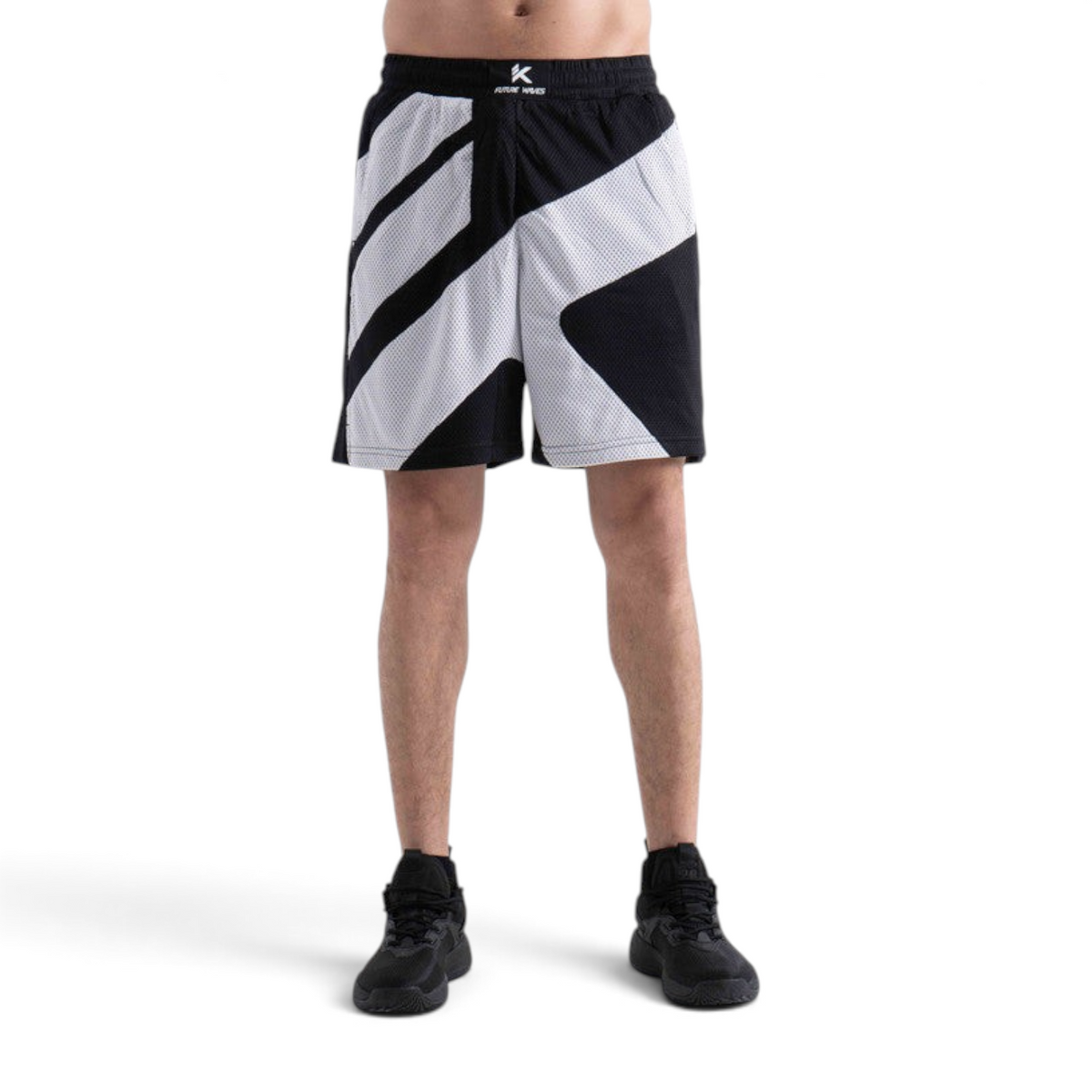 FRG GAME SHORTS for men in black and white mesh fabric with a bold geometric pattern for basketball performance.