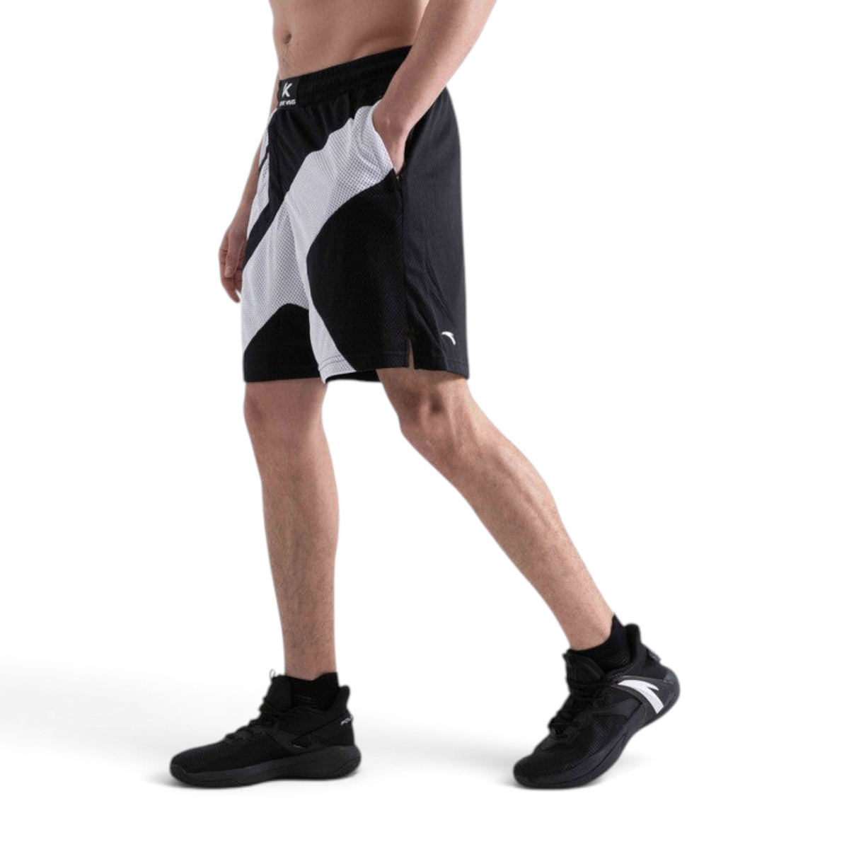 FRG men's black and white basketball game shorts with a breathable mesh design and side pockets