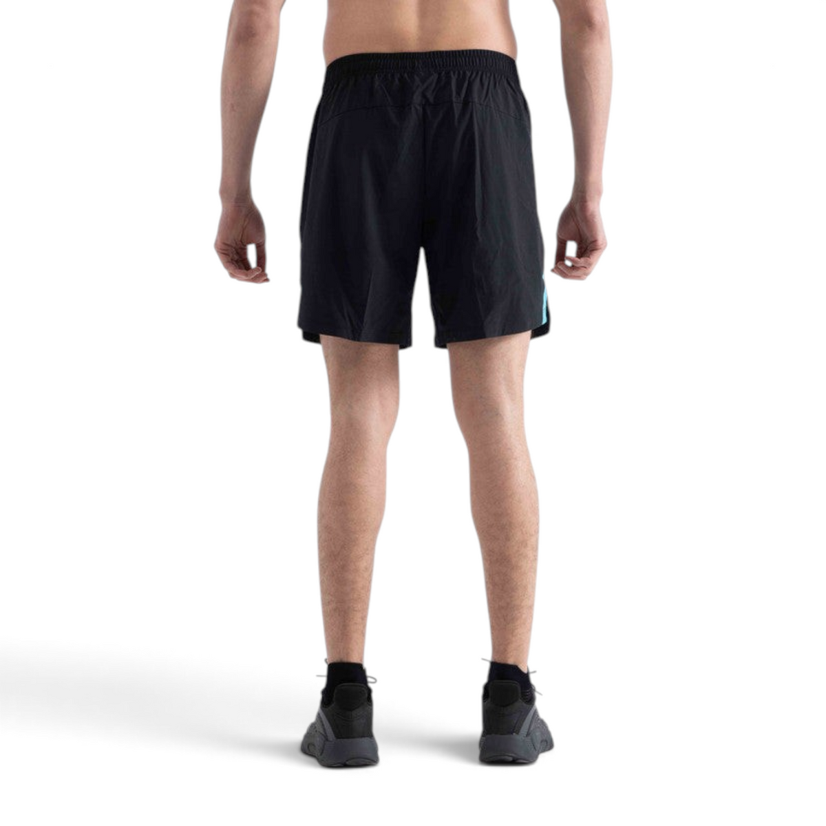 FRG men's black running shorts with blue side detail, viewed from the back on a model