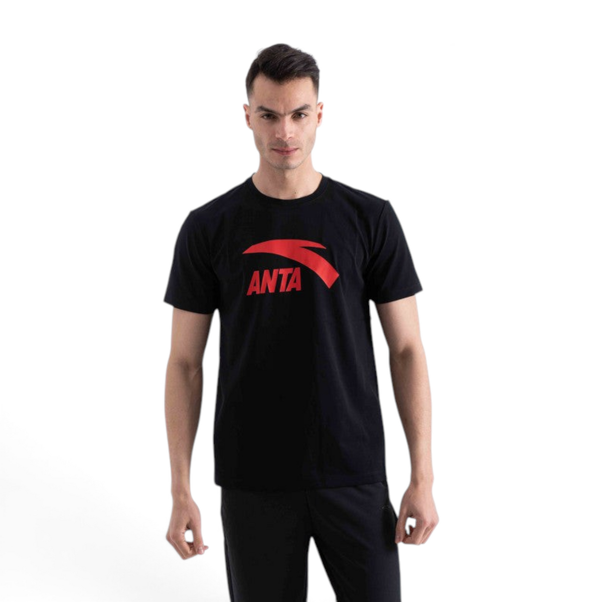 FRG regular fit black t-shirt with red ANTA logo, made from a modal and polyester blend, worn by a male model.