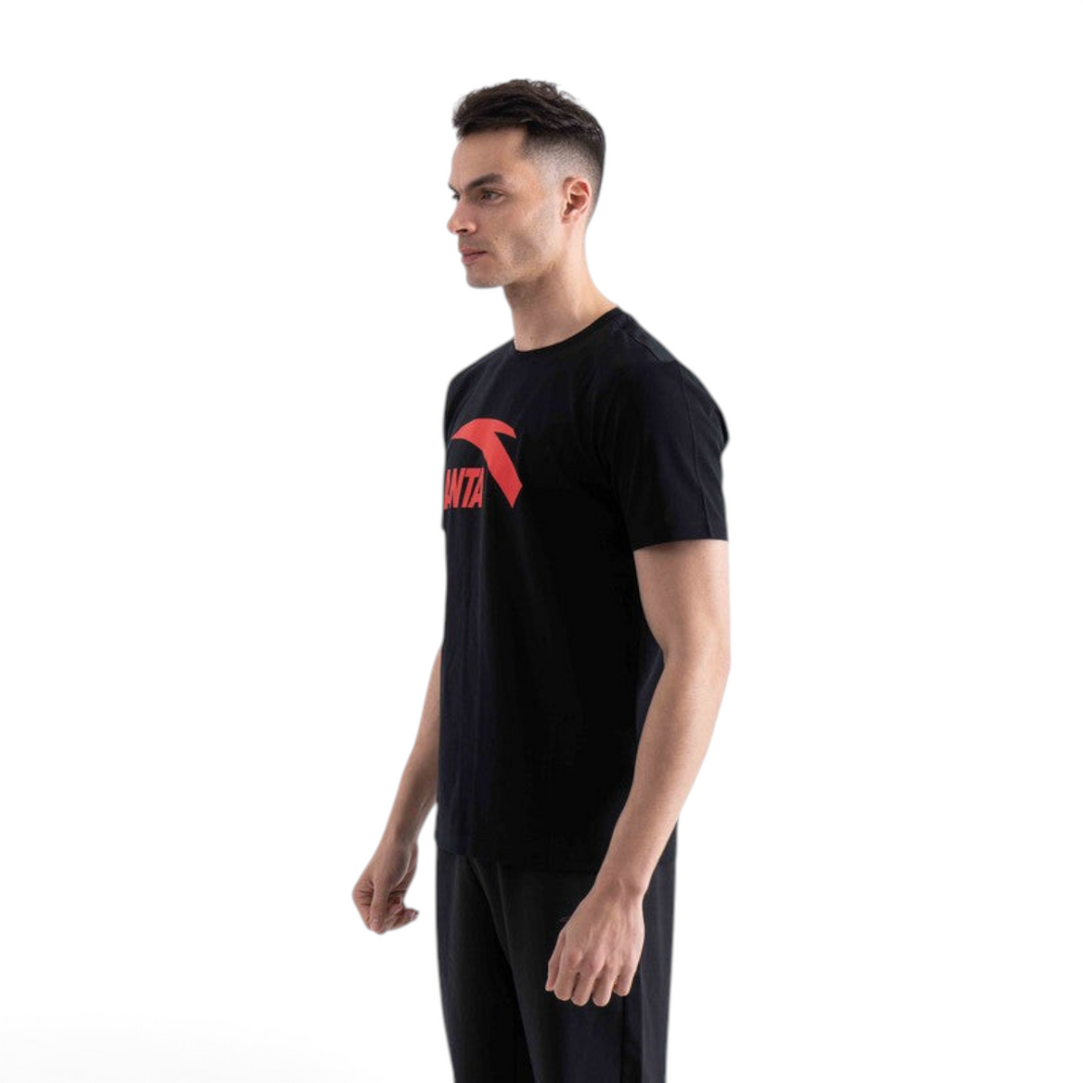 FRG regular fit black t-shirt with red logo graphic worn by a male model, made from modal and polyester blend