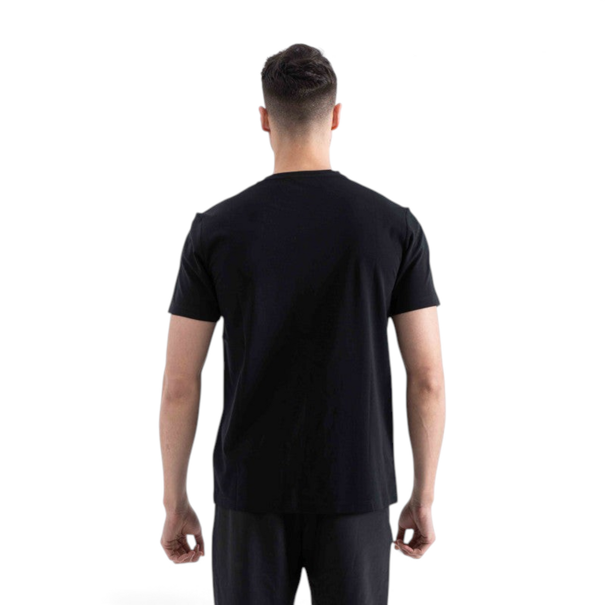 Back view of a man wearing a black regular fit FRG t-shirt made from a modal and polyester blend.