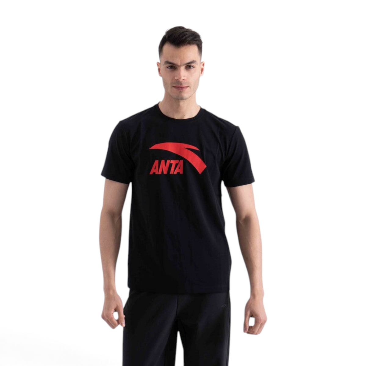 FRG regular fit black t-shirt with red ANTA logo, made from a modal and polyester blend, worn by a male model.