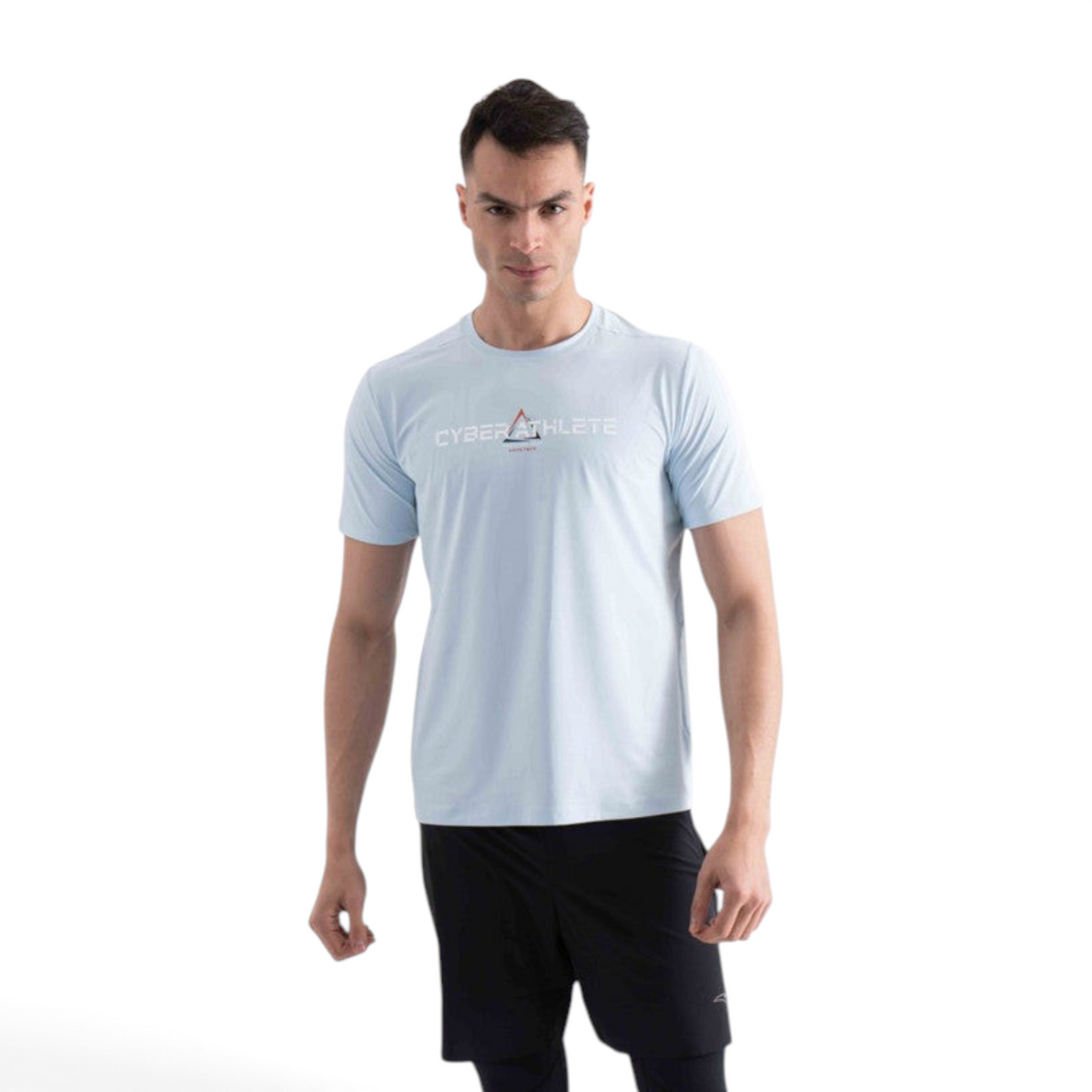 FRG light blue regular fit athletic t-shirt with Cyber Athlete graphic print on chest worn by a male model