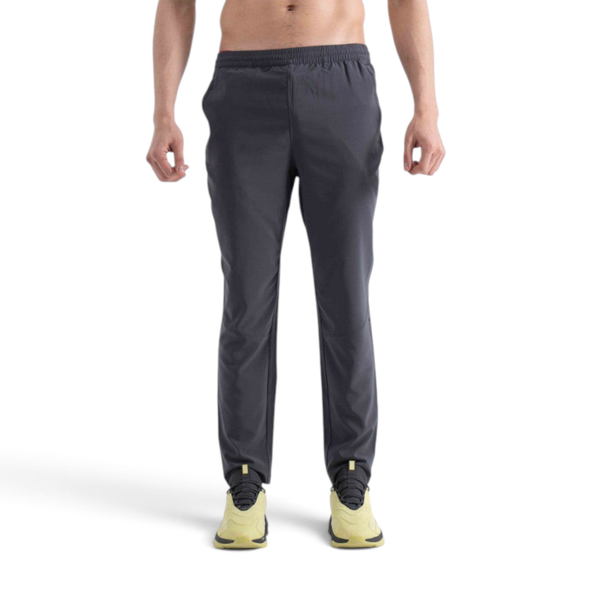 FRG men's charcoal grey woven track pants for running with an elastic waistband and slim fit design