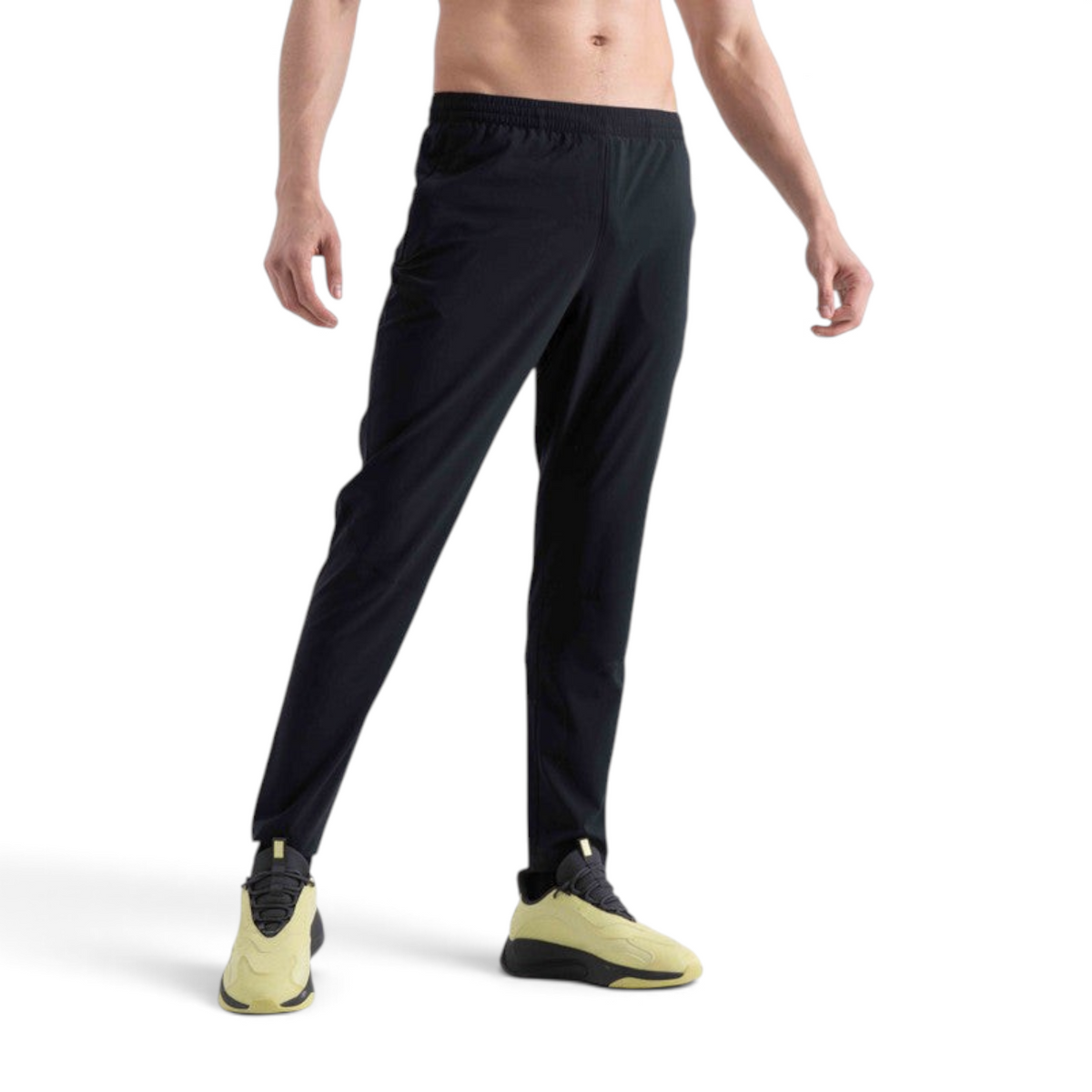 FRG woven track pants in black, featuring a comfortable elastic waistband for athletic performance.