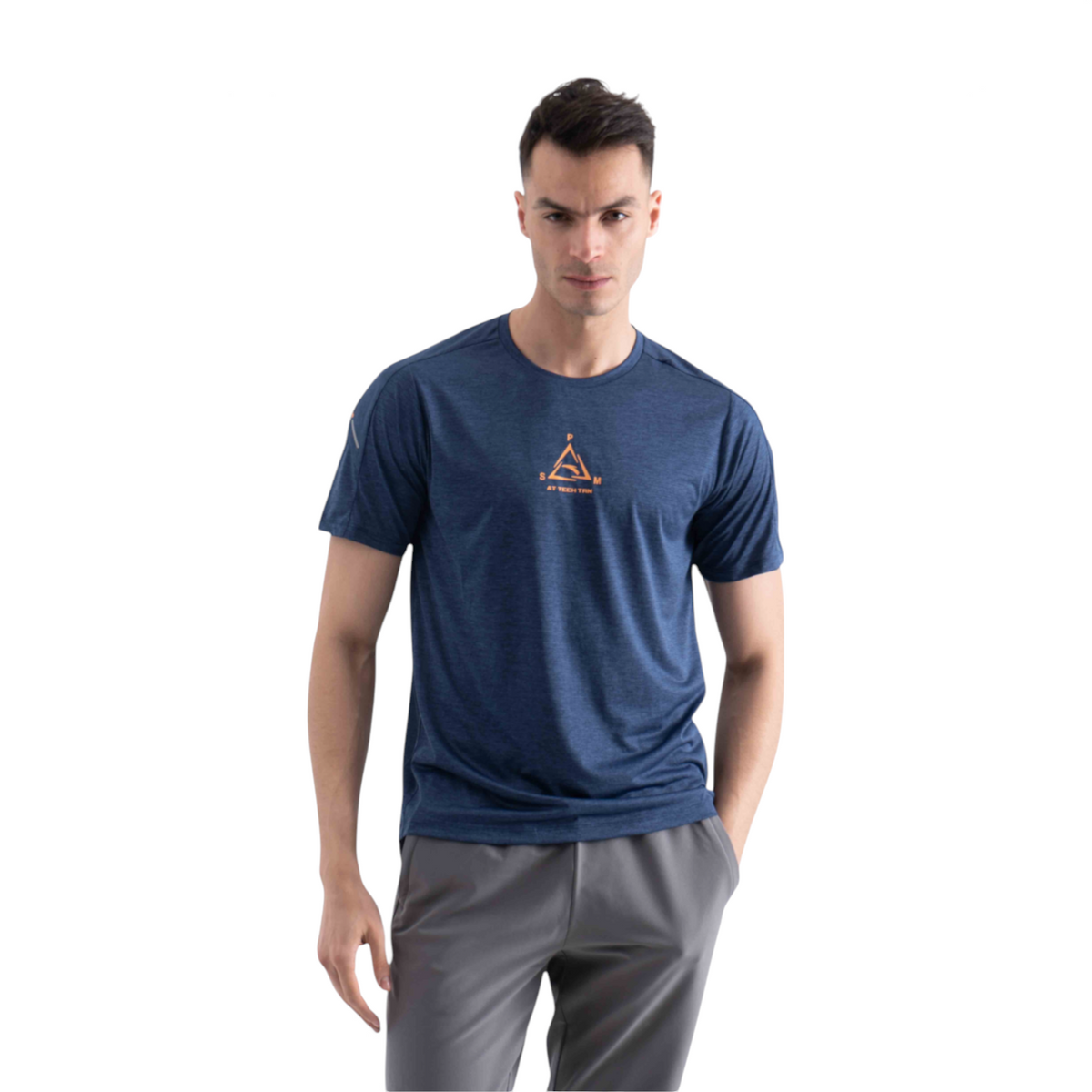 FRG men's blue cross training t-shirt with orange logo detail, worn by a model against a white background