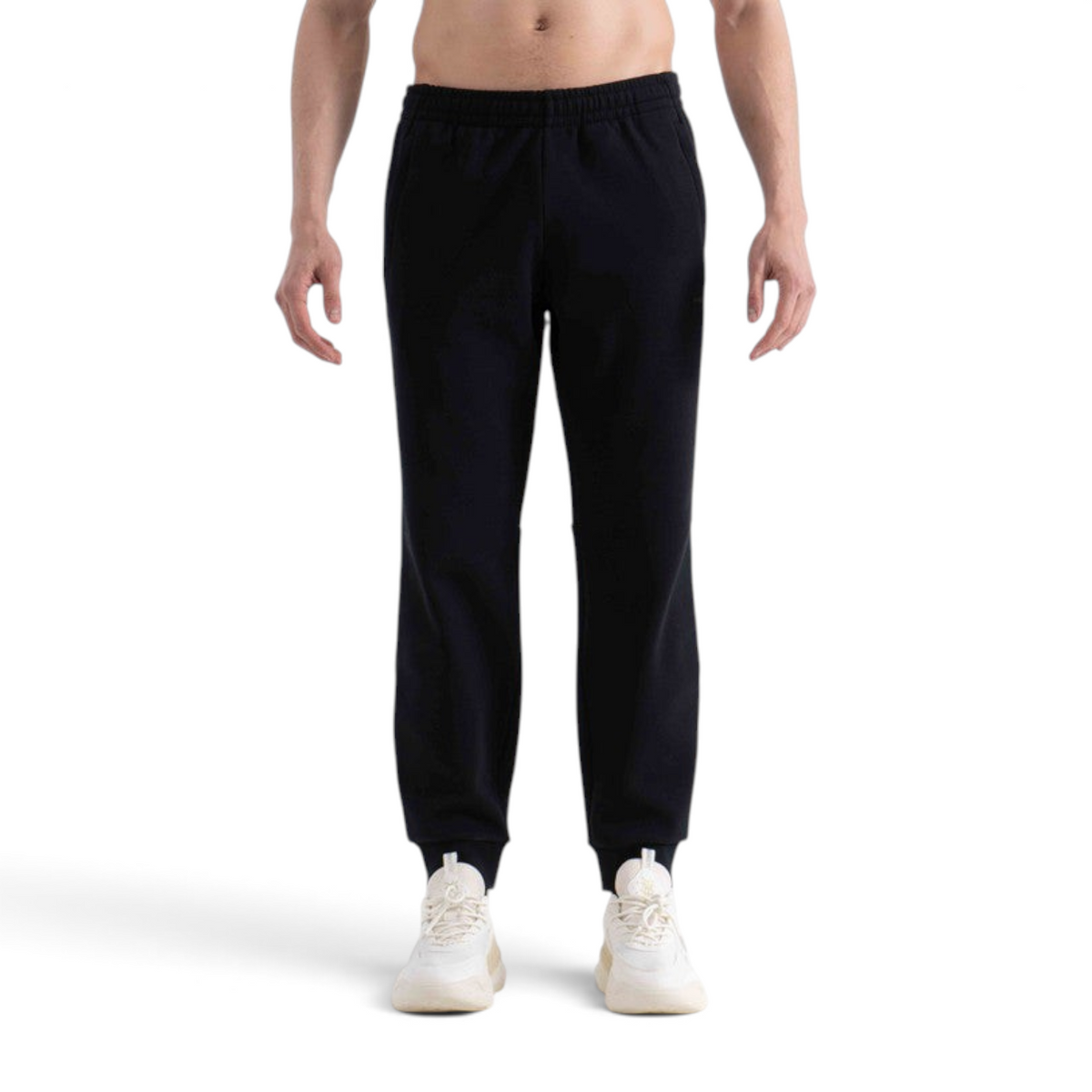 FRG men's black knit track pants for cross training with an elastic waistband and cuffed ankles