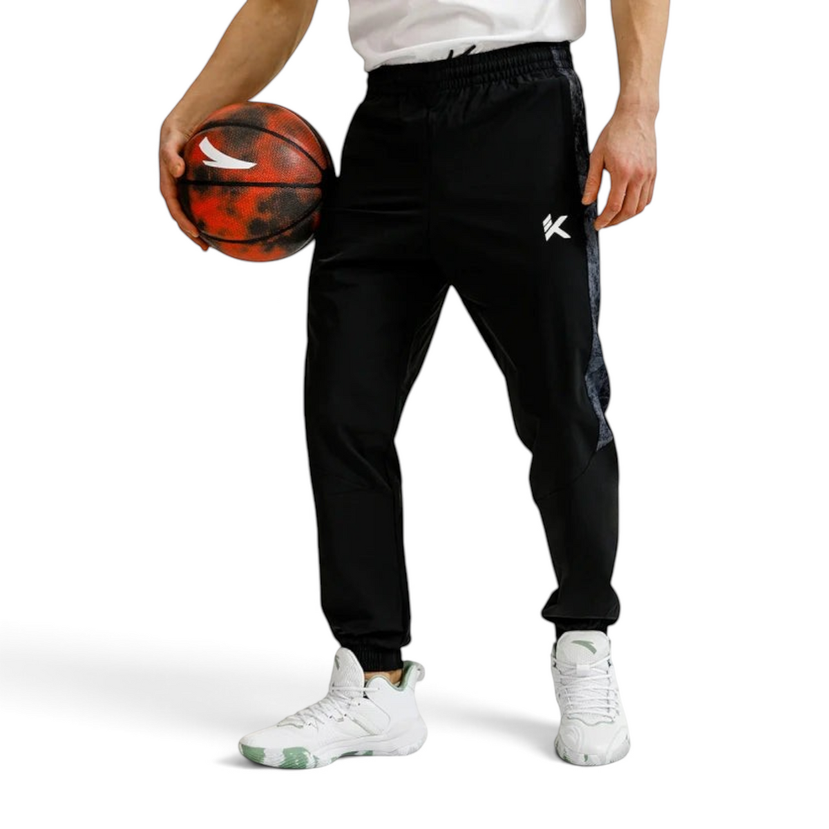 FRG Anta relaxed-fit black and grey polyester-spandex basketball pants with water-resistant coating and elastic waist