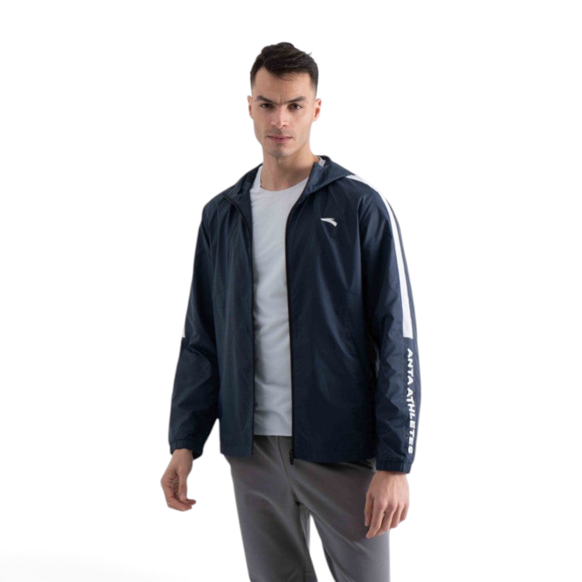 FRG navy lightweight hooded athletic jacket with white side stripes and ANTA ATHLETES branding on the sleeve