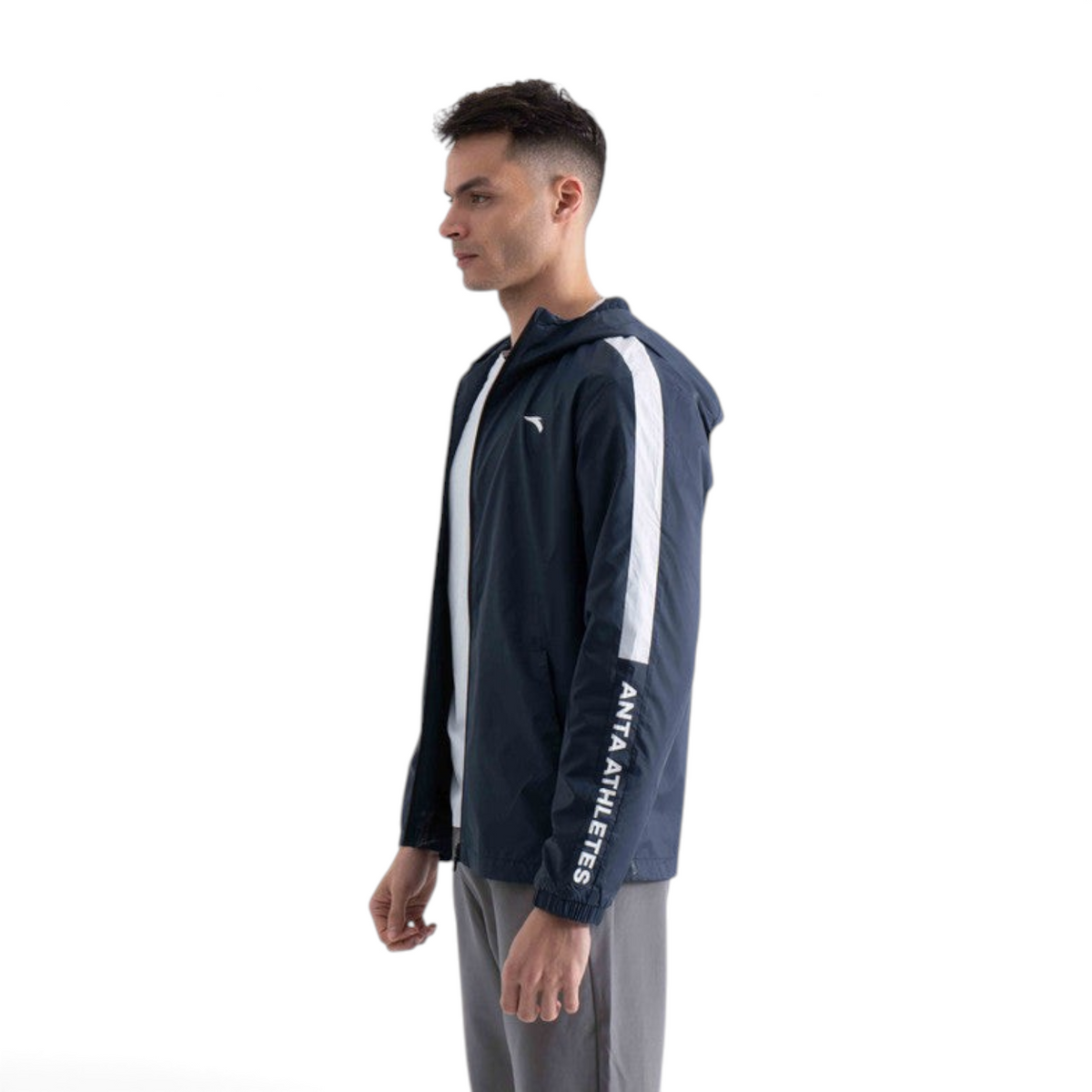 FRG navy blue hooded windbreaker jacket with white side stripes and Anta Athletes branding on the sleeve