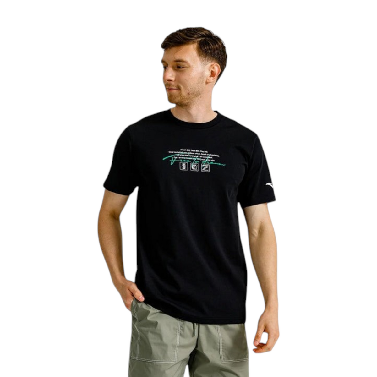 FRG ANTA Night Game black short sleeve crew neck t-shirt with graphic print worn by a man