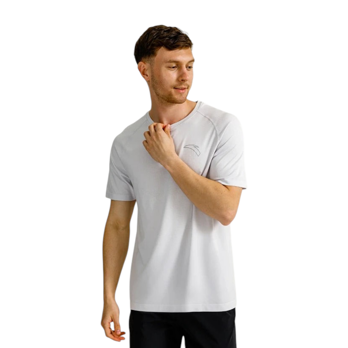 FRG ANTA heather grey short sleeve running t-shirt with moisture-wicking fabric worn by a male model