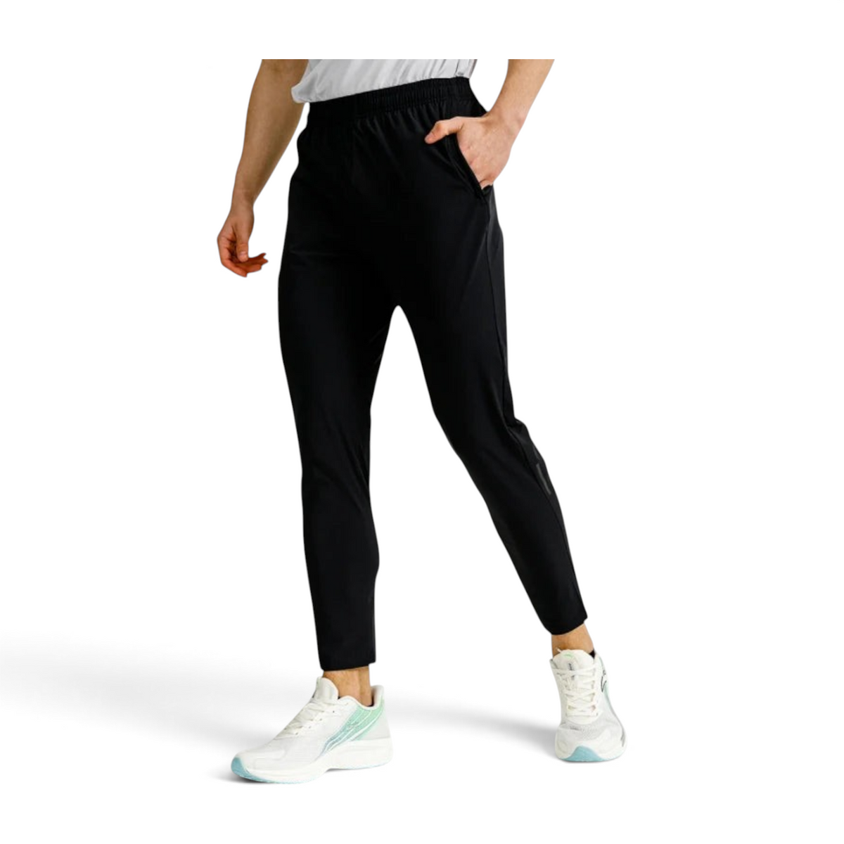 FRG ANTA lightweight black textile running trousers with reflective details on a male model